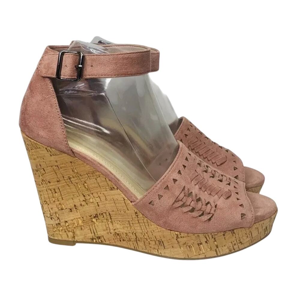 Marc Fisher Batini Faux Suede Wedge Heel Sandals Pink Womens Size 9